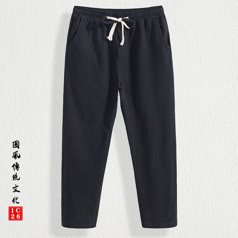 夏季薄款亚麻9分裤男韩版潮流棉麻休闲直筒裤青年学生哈伦小脚裤