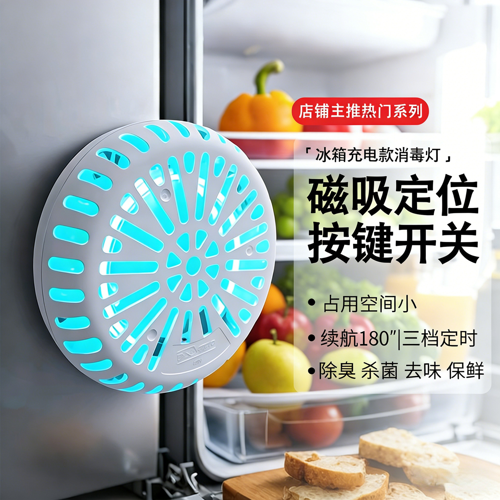 小而美冰箱紫外线消毒灯usb充电臭氧除味杀菌器便携磁吸款可移动