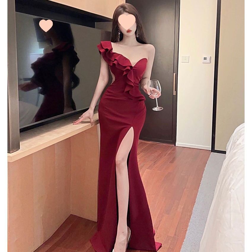 高档名媛气质低胸晚礼服长裙高腰单网纱长款高开叉包臀连衣裙