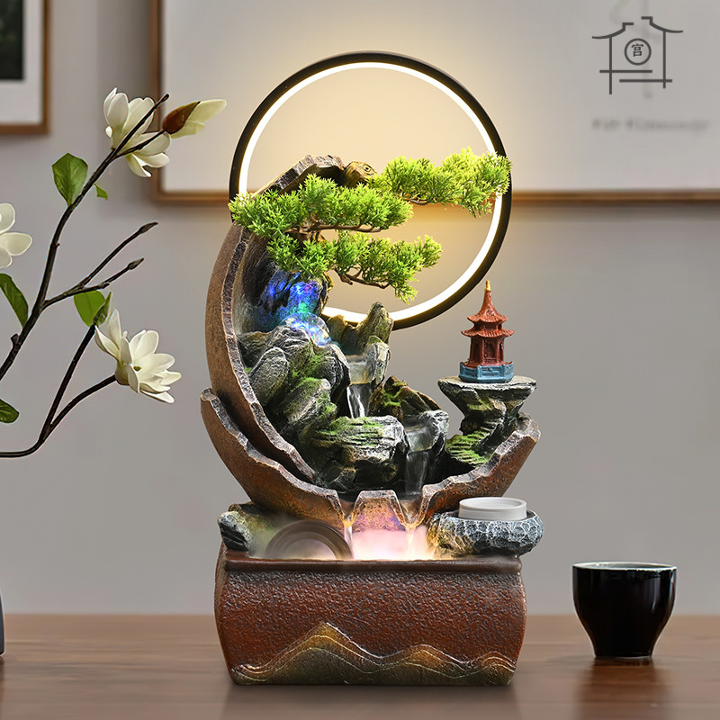 新中式假山流水摆件客厅茶室风水轮装饰公司招财循环水景乔迁礼物