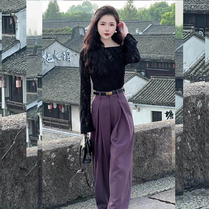 BLLOUKE职业套装女高级感洋气减龄轻熟秋季2024新款蕾丝衫休闲裤