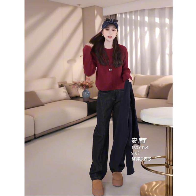 BLLOUKE设计感后开叉纯色圆领套头毛衣女2024秋款简约百搭长袖针