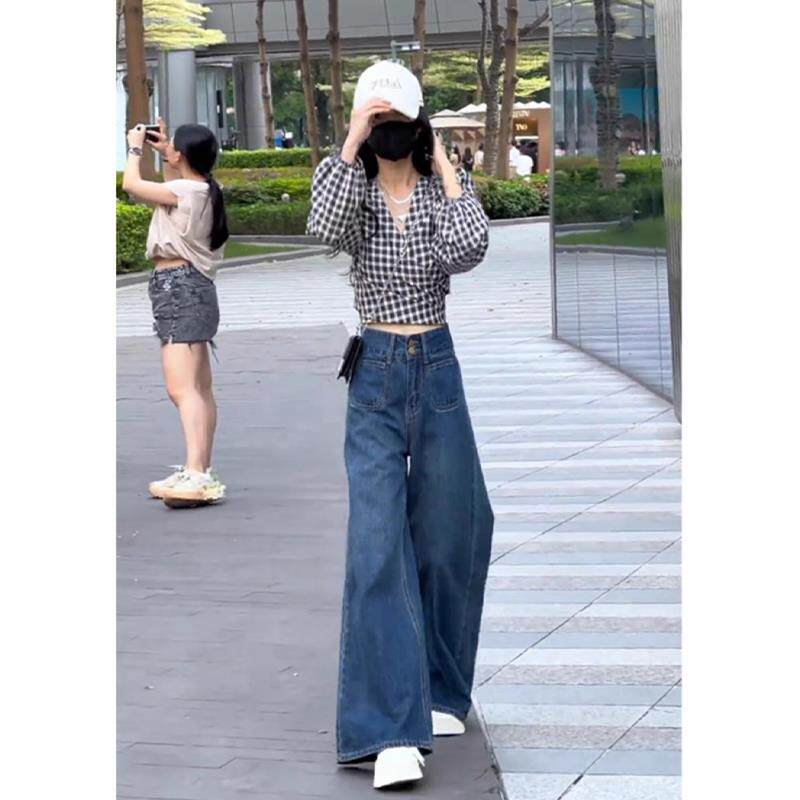 BLLOUKE高腰宽松牛仔裤女直筒阔腿裤时尚百搭小个子早秋新款女装