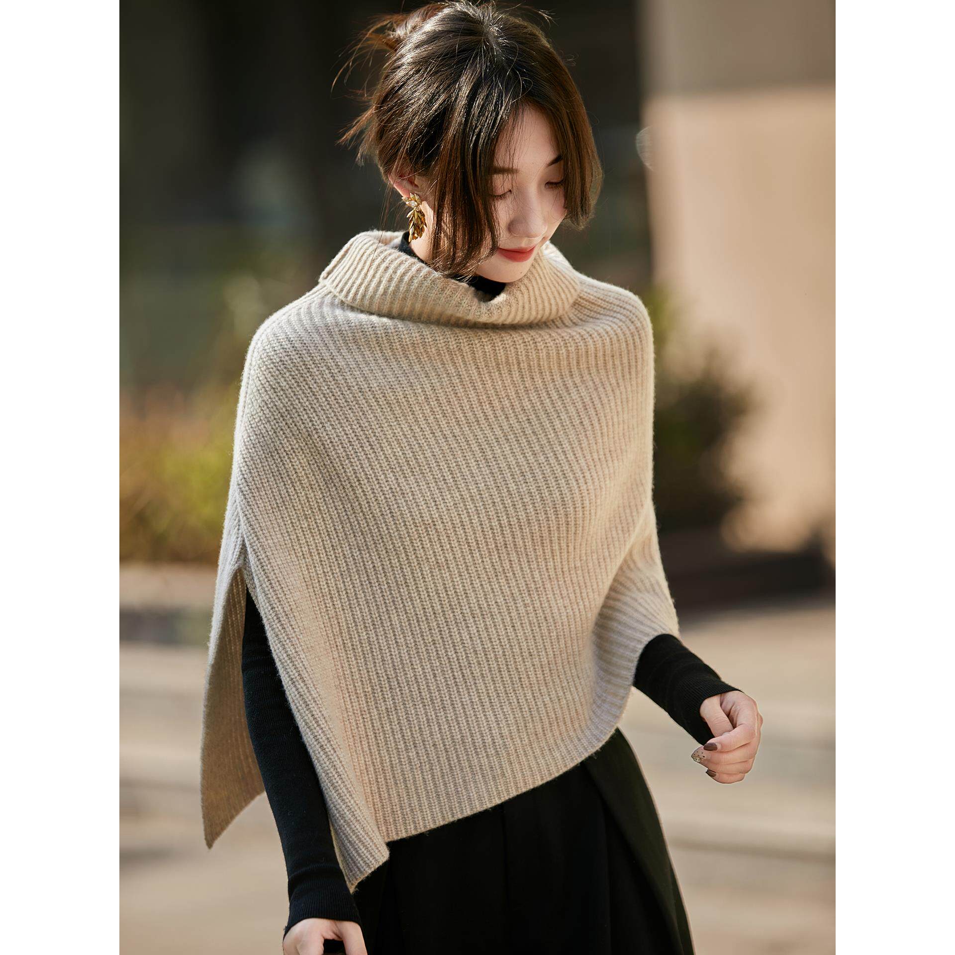 JOYIASS法式100纯针织披肩女2025秋冬保暖百搭高领套头斗篷围脖披