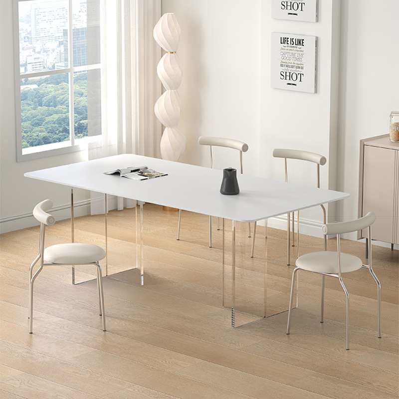 高透明亚克力桌腿T型餐桌奶油风白色厚岩板悬浮透明茶几加工定制