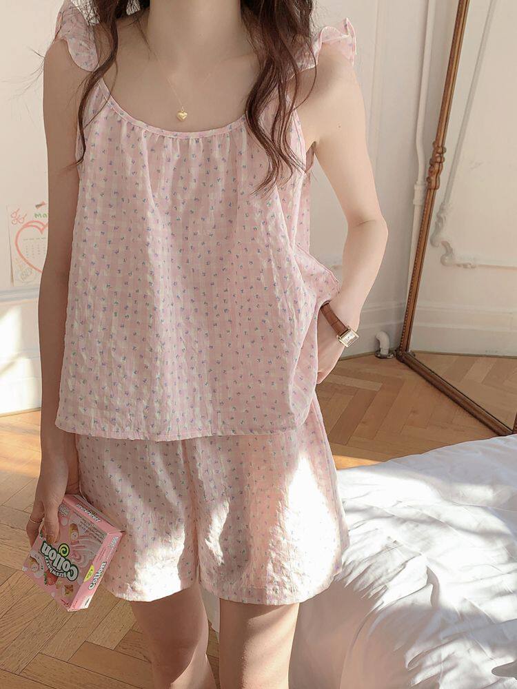 可外穿小清新格子碎花棉麻睡衣套装女款夏季吊带短裤家居服两件套