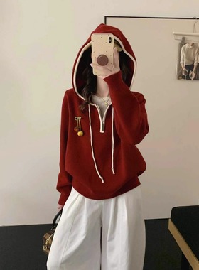 300斤大码胖mm冬季半拉链连帽红色毛衣女韩系宽松内搭针织打底衫