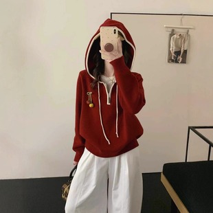 300斤大码胖mm冬季半拉链连帽红色毛衣女韩系宽松内搭针织打底衫