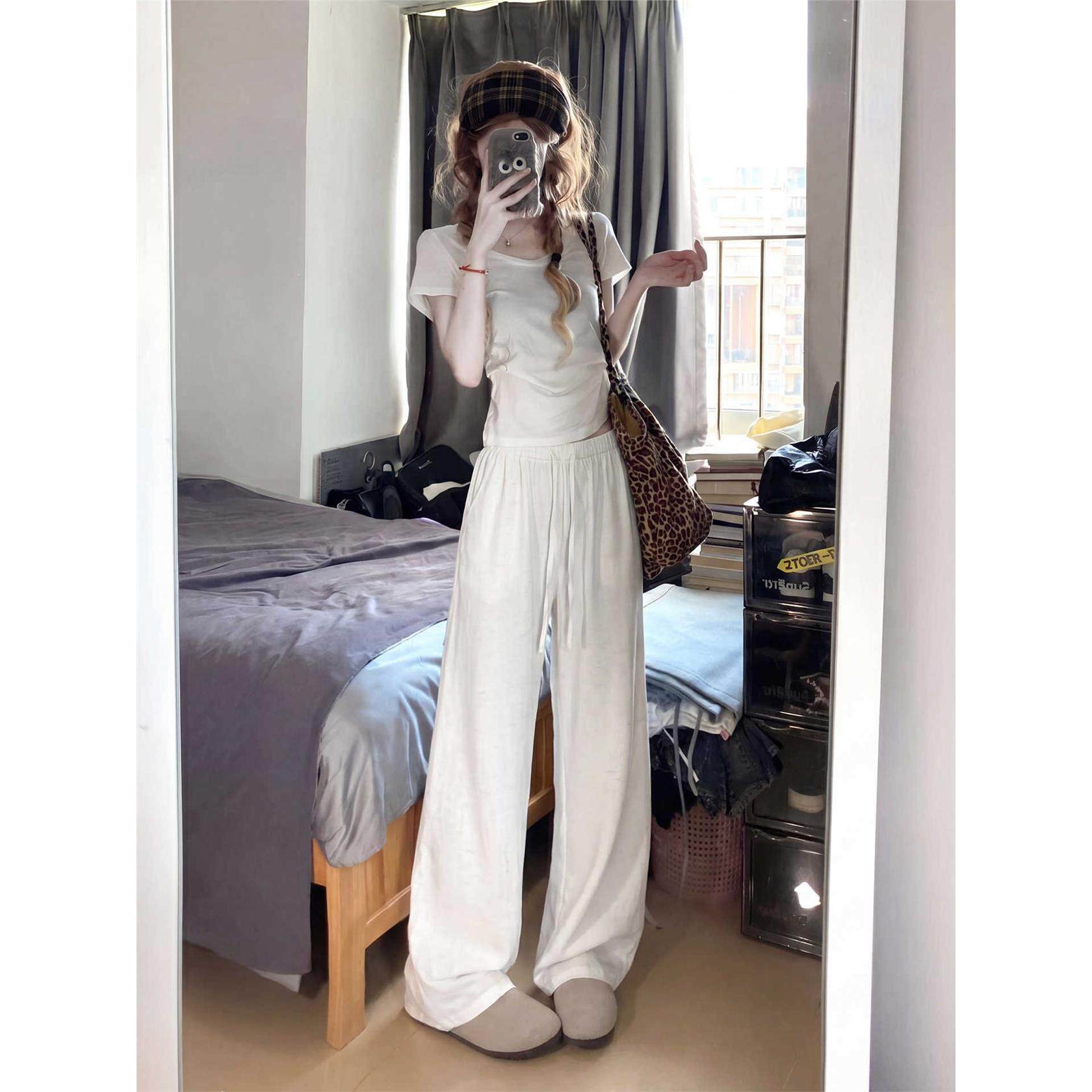 老钱风白色亚麻阔腿裤女夏季薄款宽松慵懒休闲小个子棉麻直筒裤子