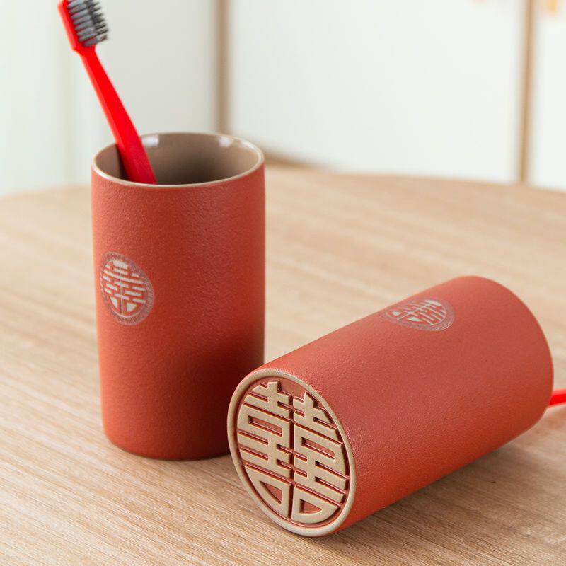 结婚双喜漱口杯创意情侣陶瓷对杯洗漱杯子毛巾套装