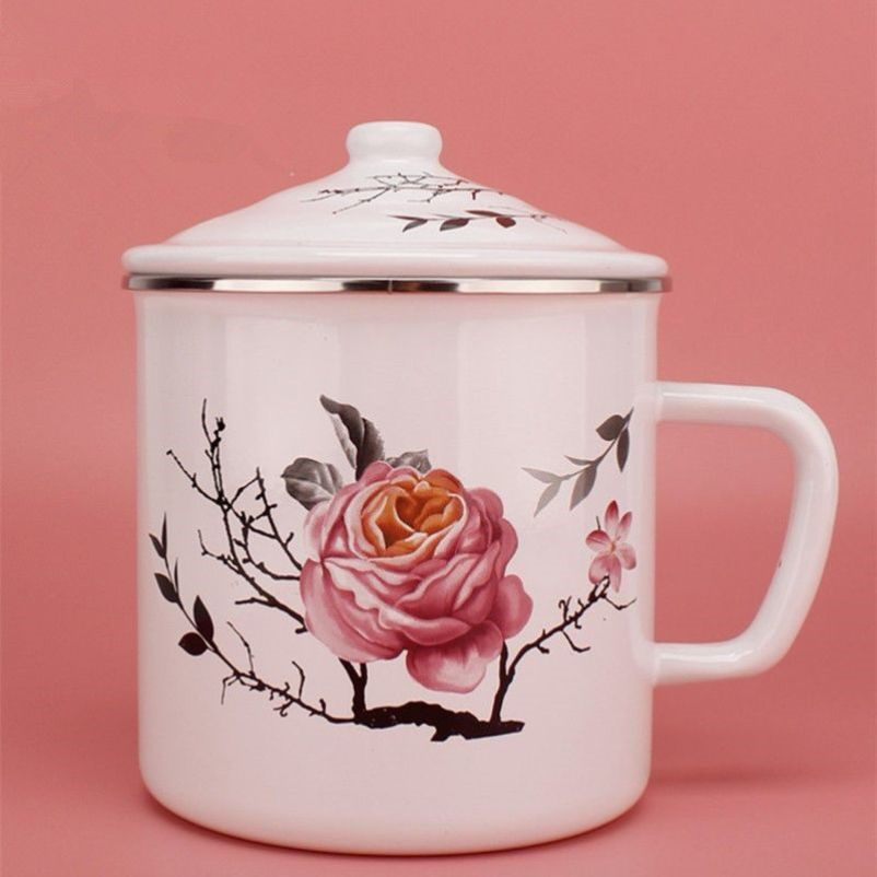 大容量青花瓷特厚搪瓷水杯带盖搪瓷茶缸搪瓷茶杯搪瓷杯搪瓷口杯