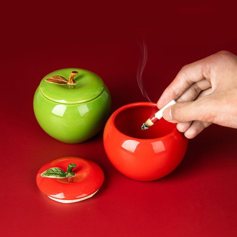 创意苹果烟灰缸陶瓷带盖批发家用防飞灰烟味办公室个性客厅潮流风