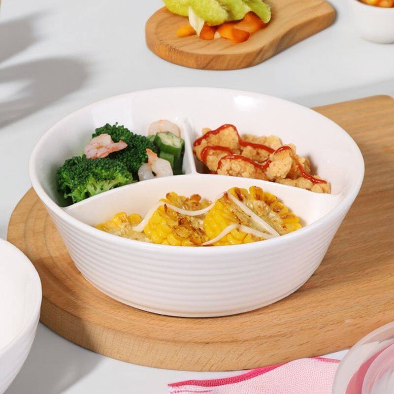 陶瓷餐具分格碗上班族带饭便携密封加热圆形家用减肥纯白分隔餐盘