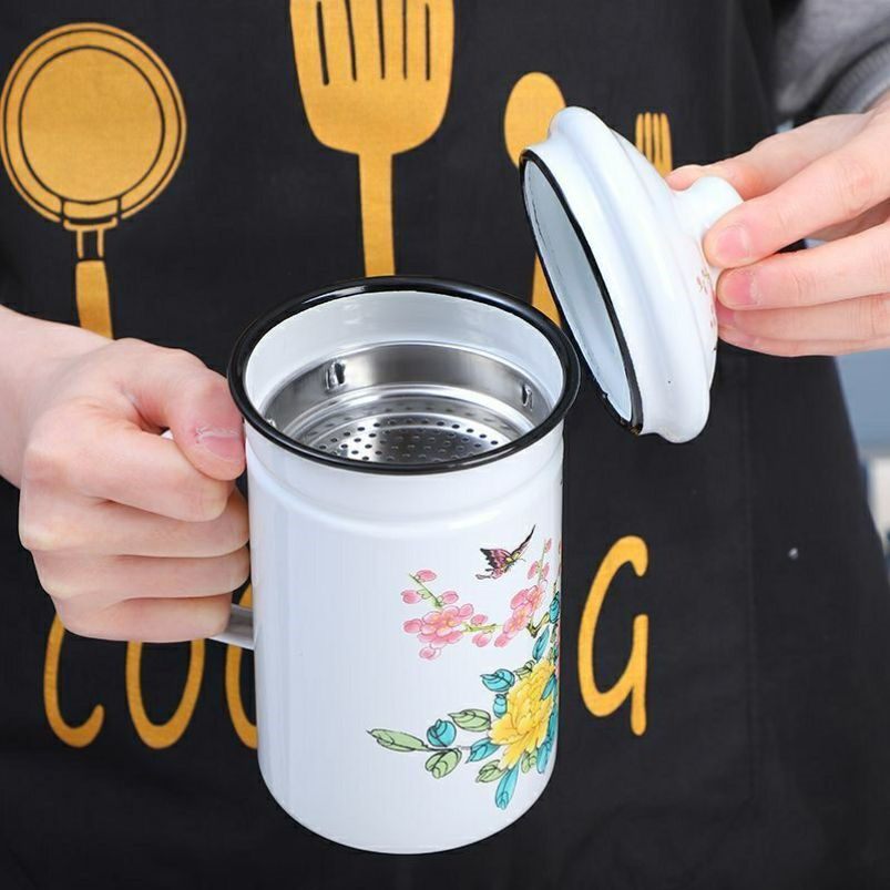 过年送礼高盖杯搪瓷茶杯带304茶漏老式铁瓷中式泡茶茶水分离水杯