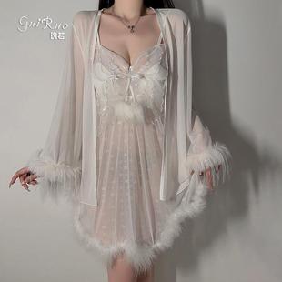 甜美纯欲羽毛性感睡衣女带胸垫聚拢网纱吊带睡裙仙女睡袍两件套装
