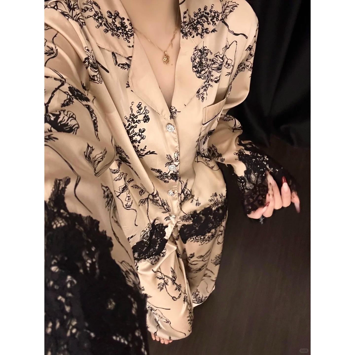 轻奢时尚纯欲风花边冰丝睡衣女款爆款春秋季休闲家居服套装可外穿