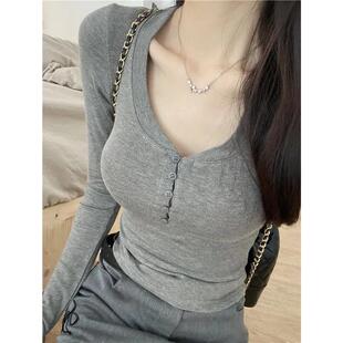 纯欲原创基础款闭眼入显身材桃心领长袖修身打底内搭t恤设计上衣