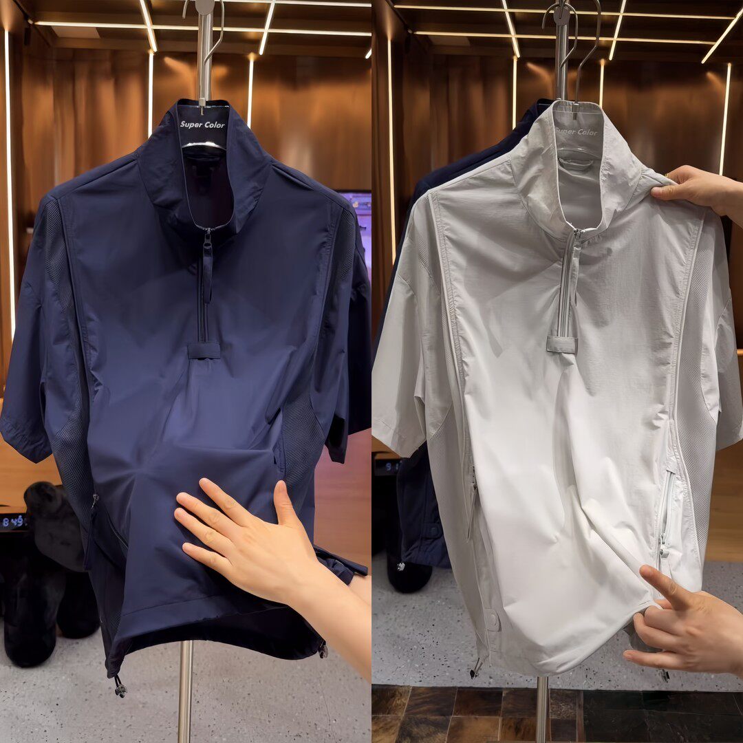 抖音同款2026春季新款男士休闲短袖T恤宽松立领半拉链上衣