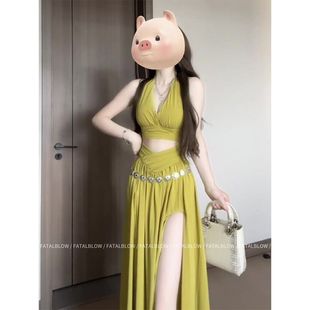 海边度假风收腰露背纯欲长裙子 港风绿色V领挂脖吊带连衣裙女夏季