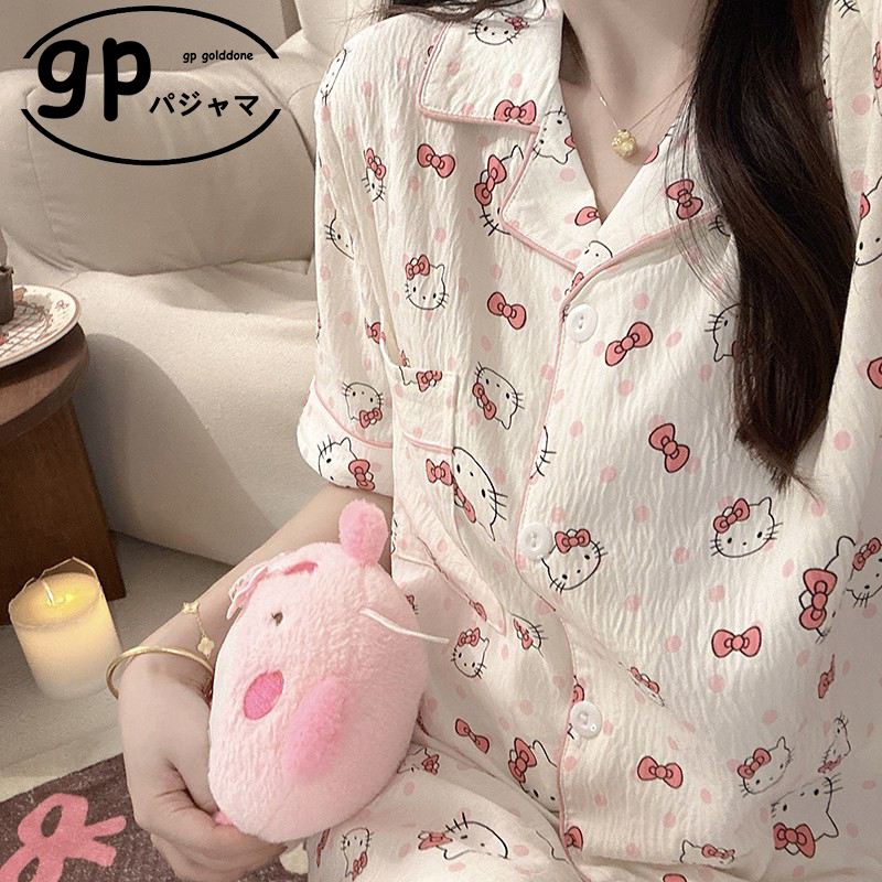 日本GP蝴蝶结kitty短袖睡衣女春秋夏短袖长裤三件套装卡通家居服