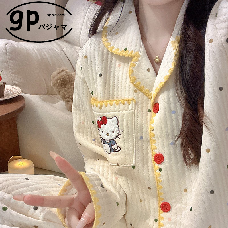 日本GP可爱彩色糖豆Kitty睡衣女生秋冬季长袖甜妹空气棉加厚套装