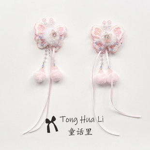 新款中国风古装汉服头饰女童头饰女孩红色发卡头饰蝴蝶结发夹