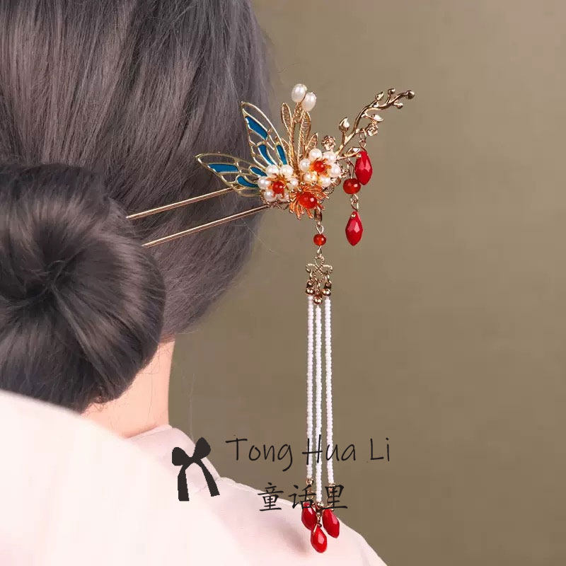 古风发簪女简约现代盘发新中式簪子U型旗袍秀禾服头饰马面裙红钗