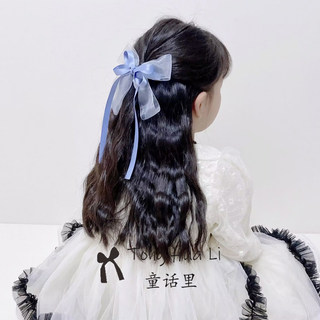 韩国女童蝴蝶结发夹儿童洋气飘带甜美顶夹后脑勺发卡网纱公主头饰