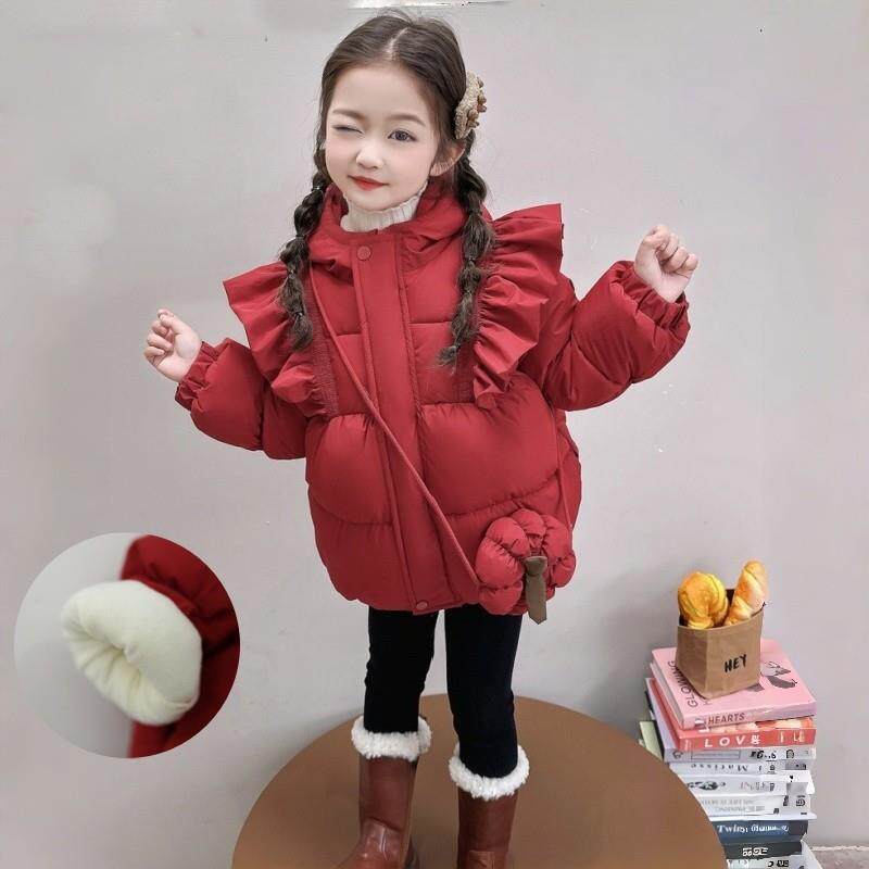 女童红色外套棉服2026新款秋冬装棉衣花边洋气女宝女孩加厚拜厂家
