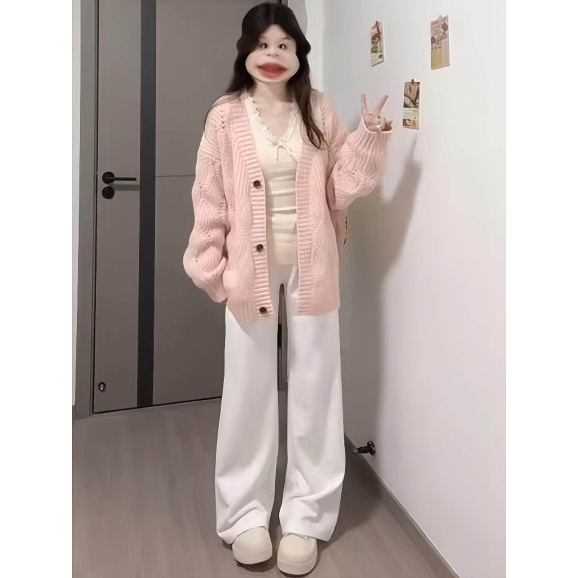 ROUMIKL小众韩系粉色针织毛衣开衫秋季套装女2025新款搭配牛仔裤