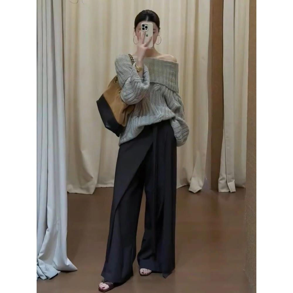 ROUMIKL慵懒风灰色一字肩毛衣女新款早秋季奶fufu软糯宽松显瘦针