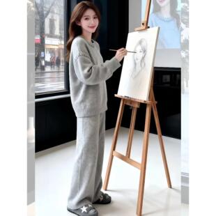 ROUMIKL慵懒风灰色针织套装女新款韩系松弛高级感加厚毛衣阔腿裤