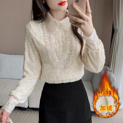 ROUMIKL蕾丝内搭衬衫女秋冬新款2025时髦时尚洋气加绒打底娃娃领