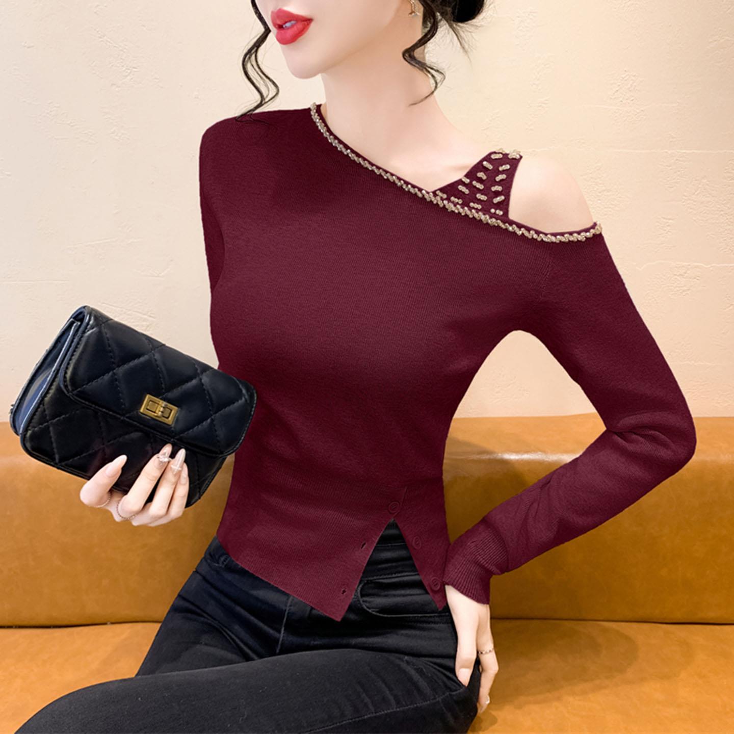 ROUMIKL不规则镂空露肩长袖针织打底衫女秋装2025新款修身小个子