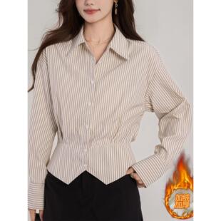 ROUMIKL高级感条纹显瘦加绒衬衫女秋冬2025新款职业通勤衬衣开叉