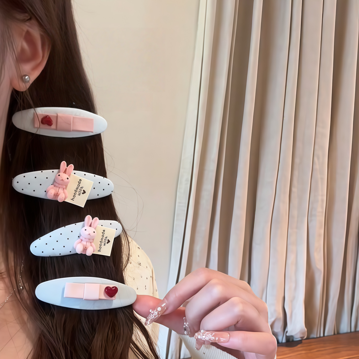 可可爱爱粉兔子少女心蓝色BB夹奶油甜妹风红色小波点蝴蝶结发卡女
