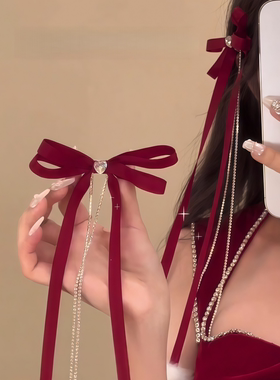 飘带流苏蝴蝶结发夹秋冬款超仙夹子可爱双马尾对夹过年鸭嘴夹发饰