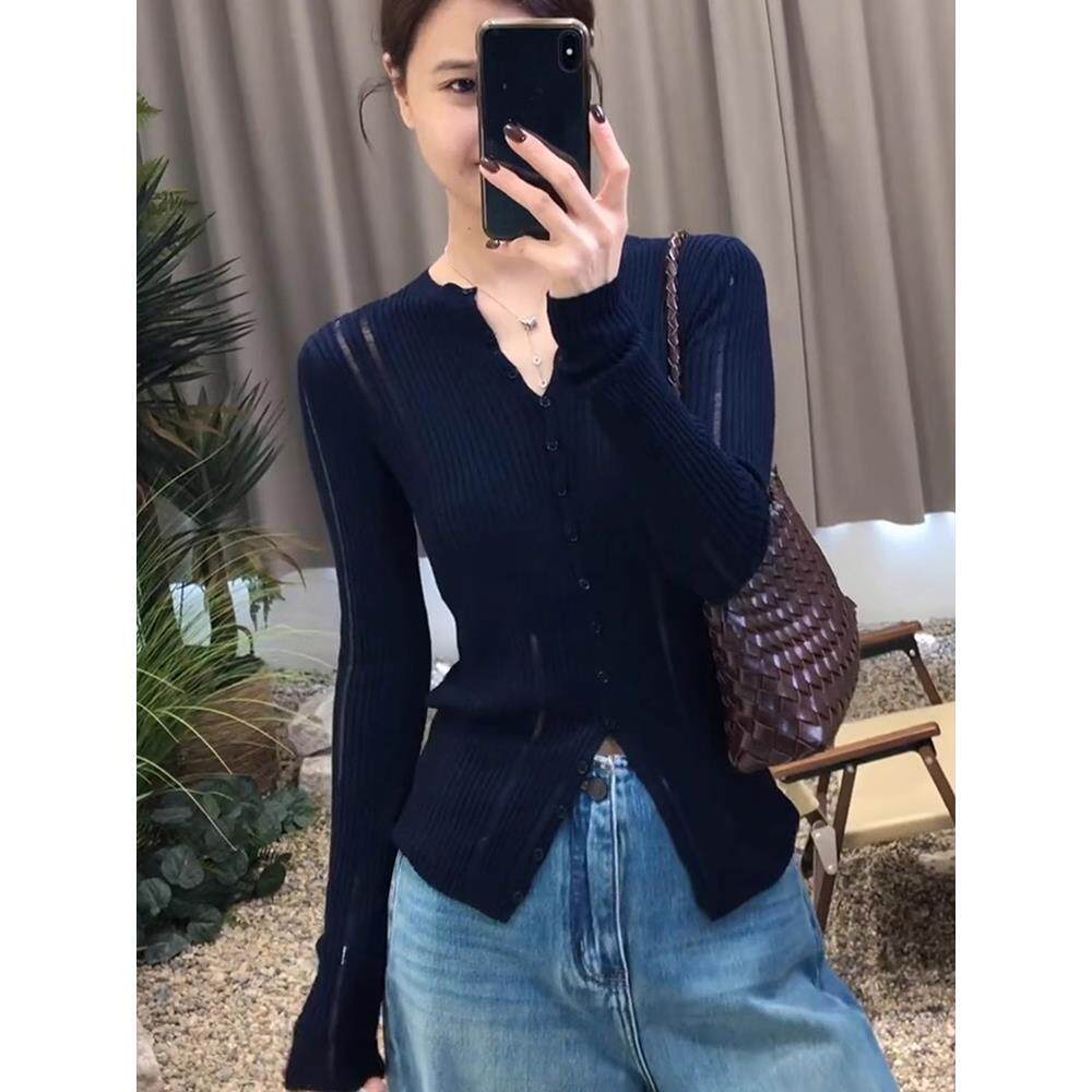 JOYIASS墨蓝色单排扣V领长袖针织衫女新款秋季超级好看显身材紧身