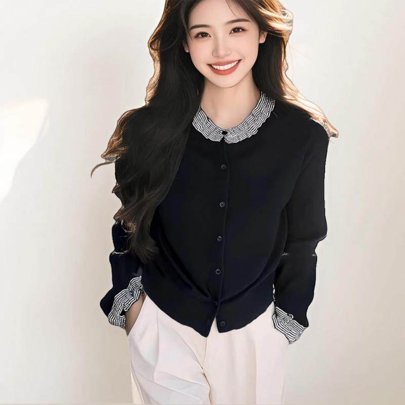 BLLOUKE小众黑色甜美上衣法式木耳边假两件拼接长袖针织开衫女秋