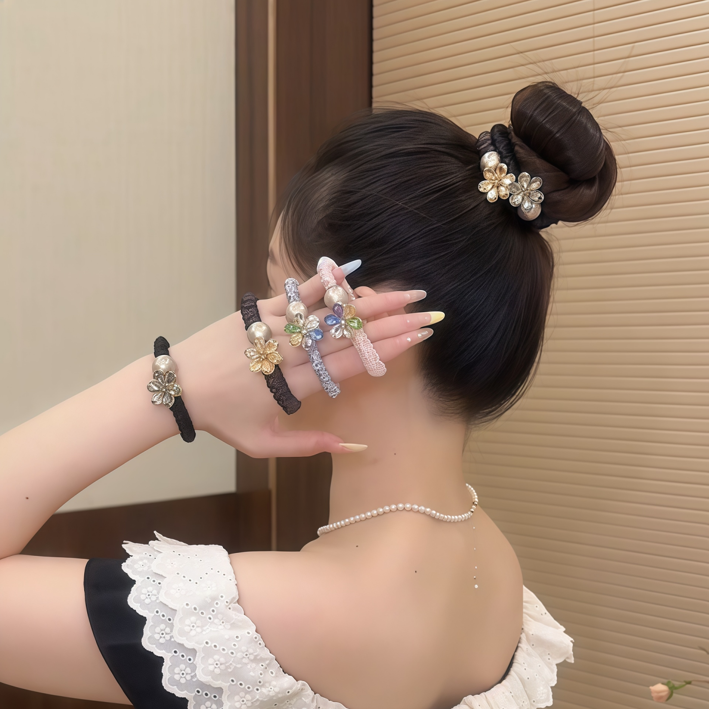 彩钻花朵珠珠牛奶丝发圈不伤发扎马尾头绳高弹力发圈气质精致发饰