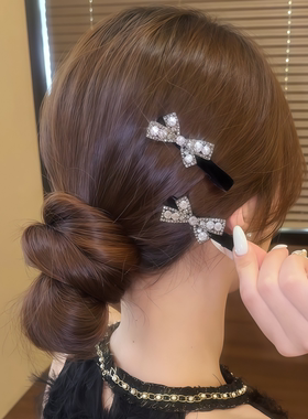 黑色蝴蝶结发夹女水钻一字鸭嘴夹刘海夹前额碎发夹侧边夹发卡发饰