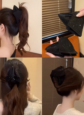 赫本风高级感满钻格纹黑色抓夹高端气质后脑盘发鲨鱼夹马尾夹发卡