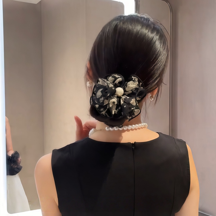 黑色优雅法式清新碎花花朵抓夹女低丸子夹发夹后脑勺盘发夹子头饰