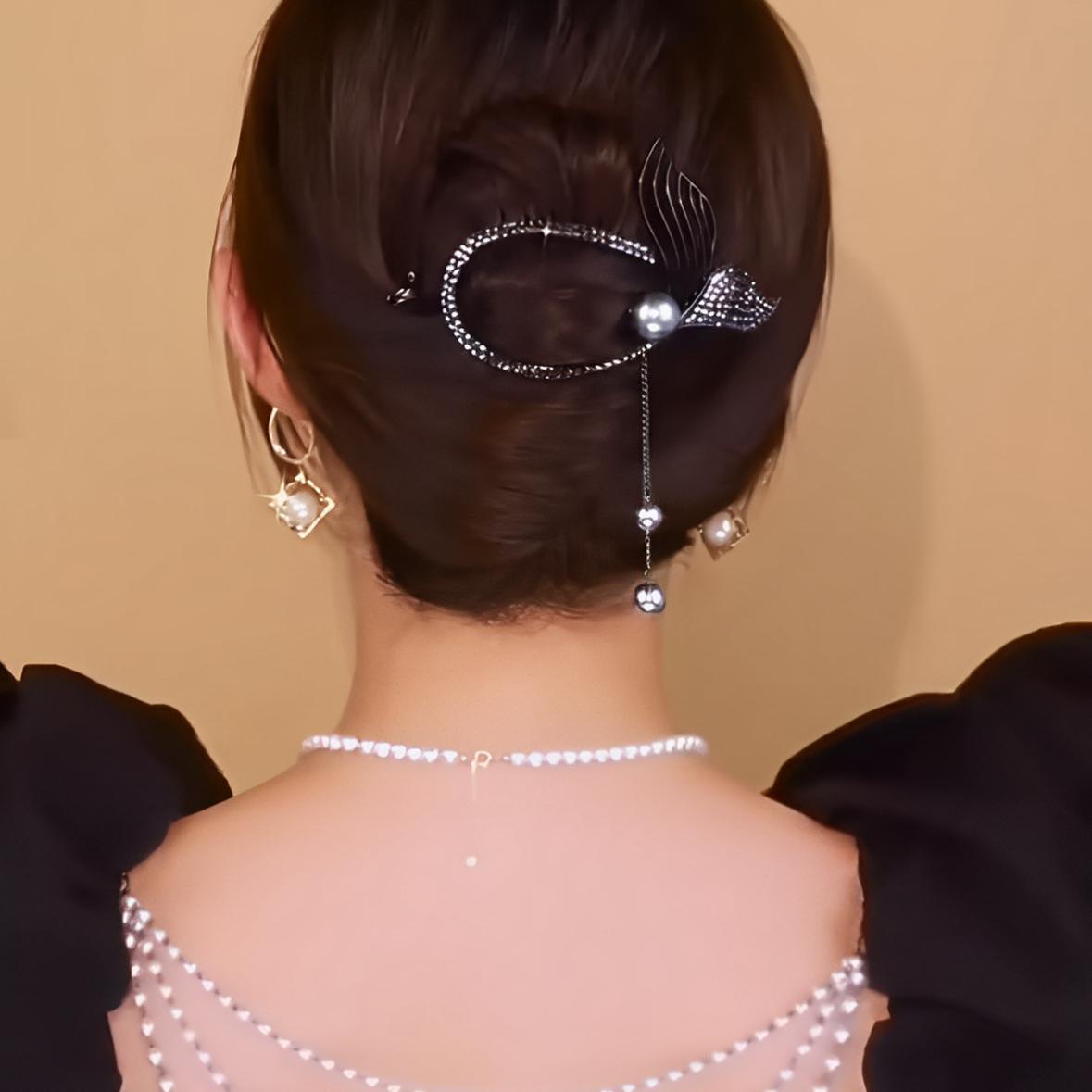 珍珠鱼尾流苏扭扭发夹女高级感抓夹夏季后脑勺气质一字夹青蛙扣