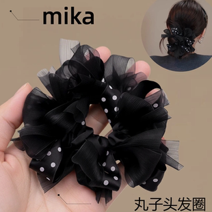 黑色波点慵懒蝴蝶结大肠发圈女2025新款低丸子头发绳扎马尾头绳女