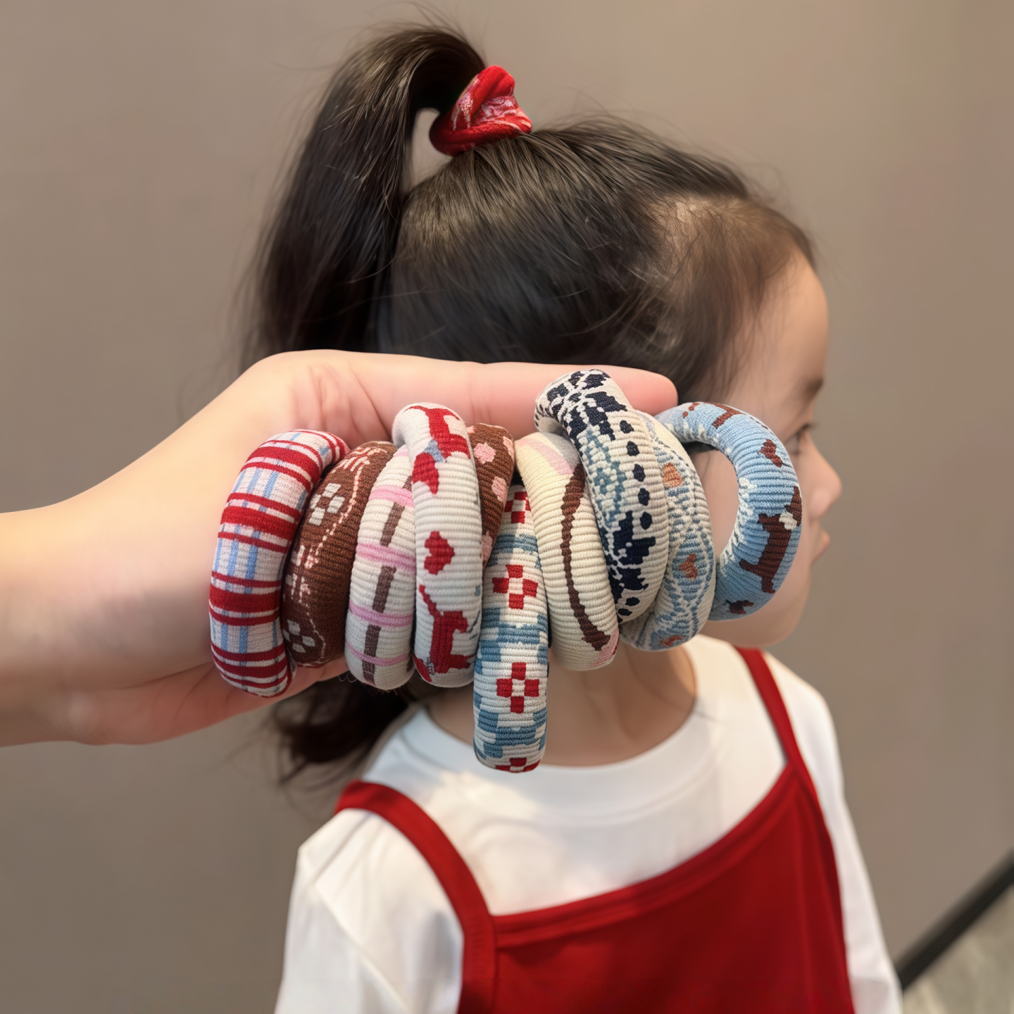 儿童秋冬红色费尔岛风毛巾圈高弹扎马尾皮筋女童加粗耐用头绳头饰