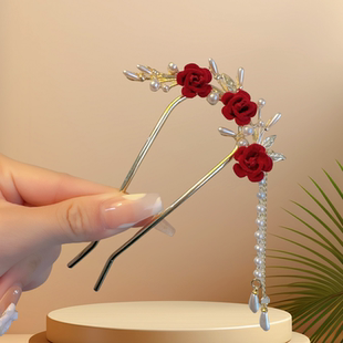 红色新年绒花发簪女后脑勺盘发发钗过年头饰流苏簪子古风旗袍配饰