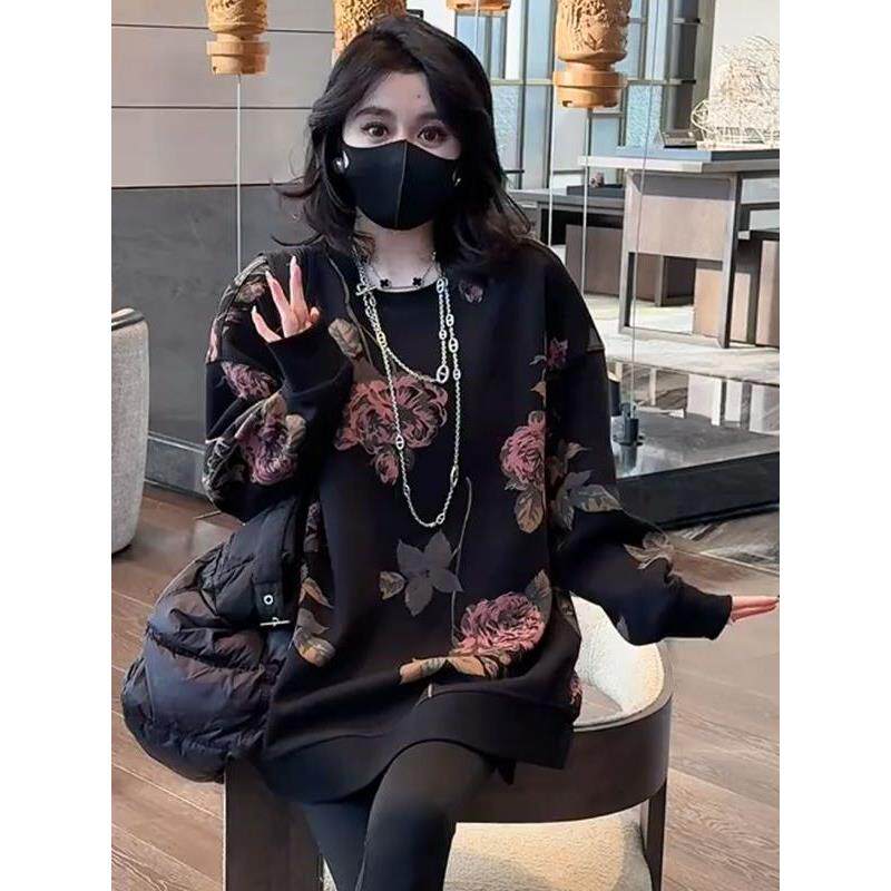JOYIASS高档韩版时尚中长款卫衣女春秋新款内搭大码宽松显瘦减龄