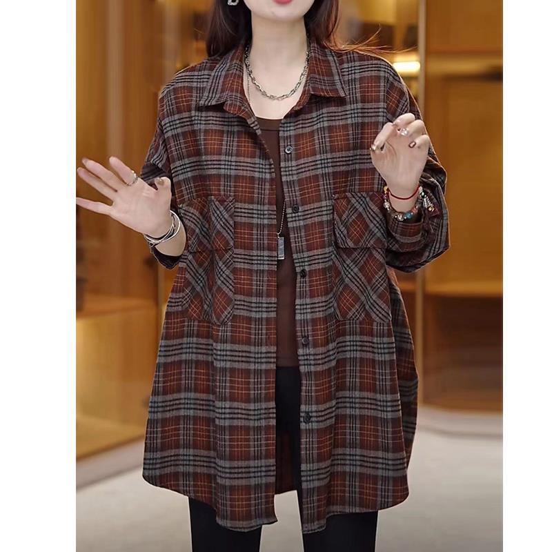 JOYIASS高端大码女装对格格纹长袖衬衣外套女秋季宽松时尚复古开