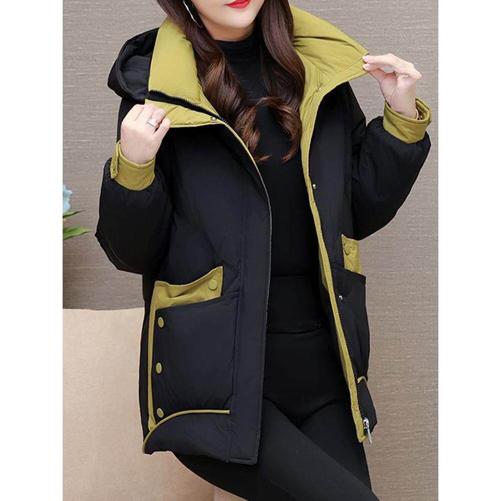 JOYIASS加厚保暖连帽服外套女冬季新款撞色袄时尚不臃肿连帽袄子